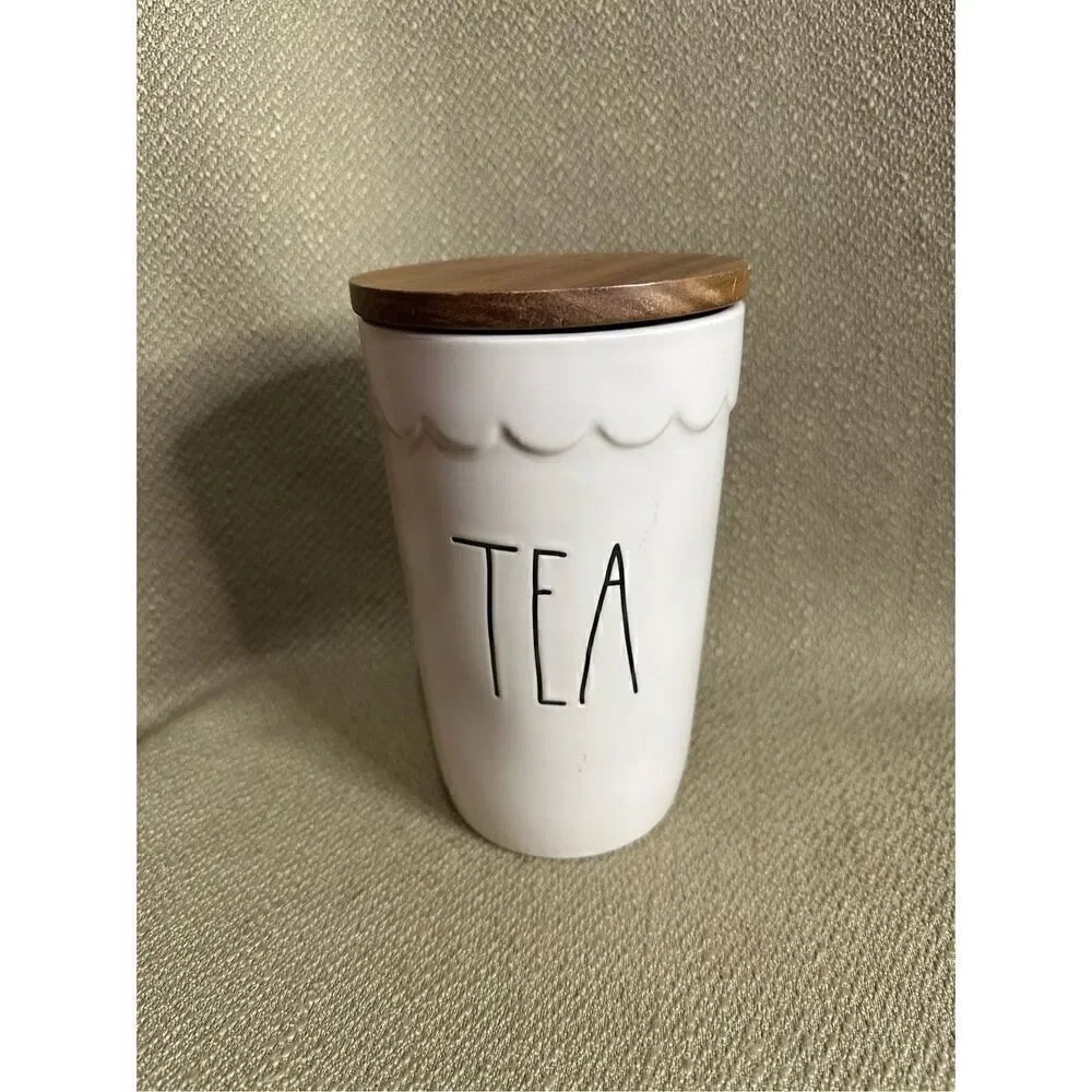 Rae Dunn TEA Cellar Canister Storage Ivory Brown Wood Lid Farmhouse 7” X 4”